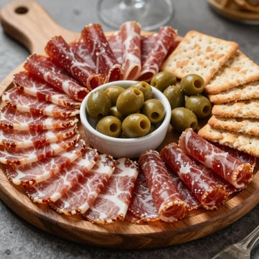 A beautifully arranged charcuterie board with cured meats, olives, and crackers, natural daylight.