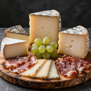 A selection of fine imported cheeses and cured meats arranged on a rustic wooden board with grapes.