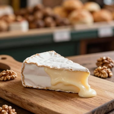 A wedge of creamy French brie oozing slightly on a wooden board with walnuts, soft indoor market glow.
