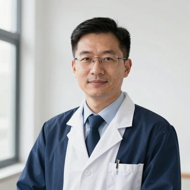 Professional headshot of a male researcher, clean white background, sharp focus, academic attire