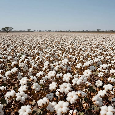 A vast, sunlit Australian cotton field with fluffy white bolls ready for harvest under a clear sky