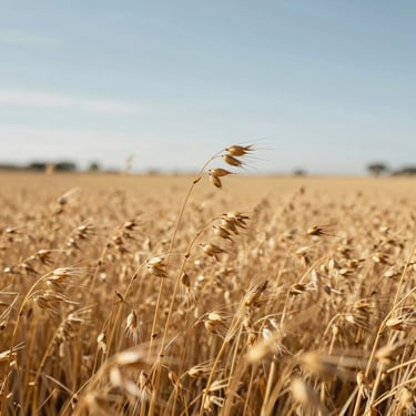 Golden oat crop field swaying in the warm Australian wind under a bright afternoon sun