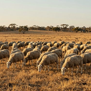 Flock of sheep grazing in a vast, sun-bleached Australian pasture, golden hour lighting