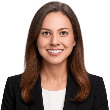 Portrait of a professional woman with long brown hair, smiling, framed in a white circle.