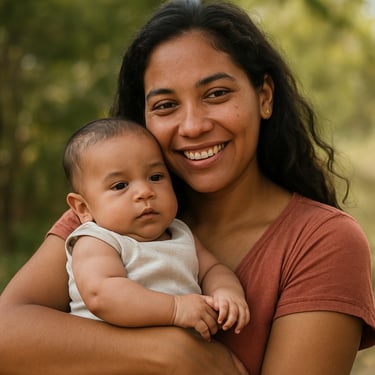 A mother gently holding her baby, both smiling softly in a softly lit room.