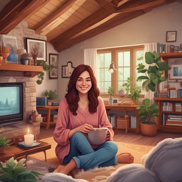 Smiling woman enjoying a crunchy snack from Golden Nimco at a cozy home setting