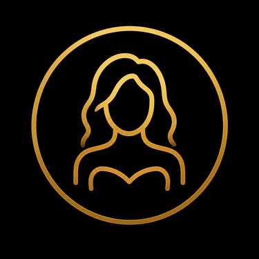 Golden female profile icon with wavy hair inside a circle on a black background.