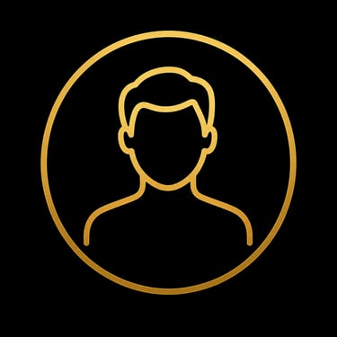 Gold profile avatar icon featuring a masculine silhouette in a circle on a black background.