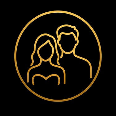 Gold outline icon of a couple profile inside a circle on a black background.