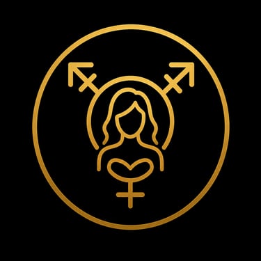 Golden transgender symbol icon featuring a female silhouette inside a circular border on a black background.