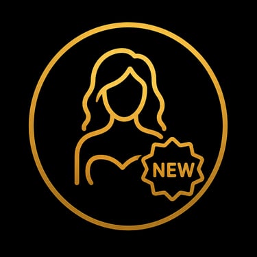 Golden profile icon of a woman with a new arrival badge for fashion and beauty retail.