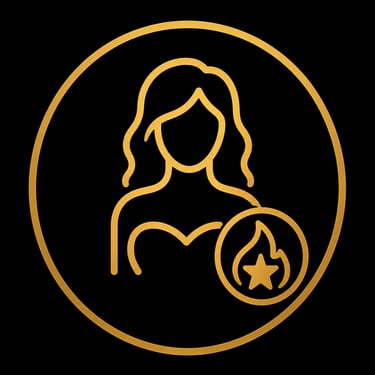 Gold line art icon of a woman with long hair and a fire star symbol on a black background.