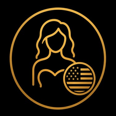 Gold line art icon of a woman's silhouette next to a circular American flag on a black background.