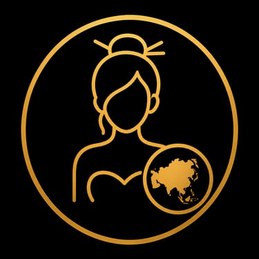 Gold line art icon of an Asian woman and map of Asia in a circle on a black background.