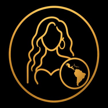 Gold outline icon of a woman with long hair next to a globe showing the Americas on a black background.