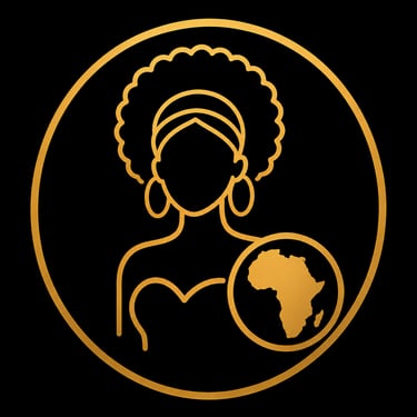 Golden line art icon of an African woman with an afro and the continent of Africa on a black background.