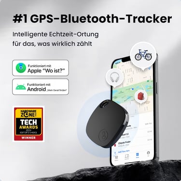 Werbeanzeige für den „#1 GPS-Bluetooth-Tracker“ mit Smartphone-Karte, kompatibel mit Apple „Wo ist?“