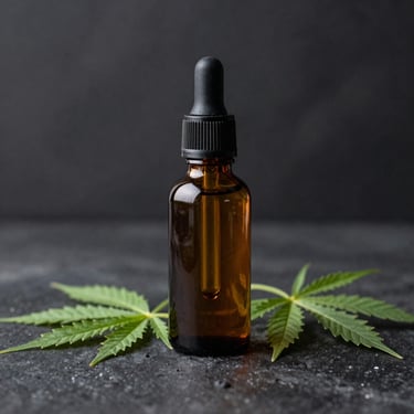 A dark amber dropper bottle of CBD oil next to organic hemp leaves on a dark industrial background