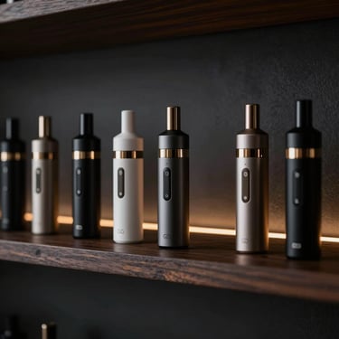 Neatly aligned sleek vaporizers on a dark wooden shelf, moody directional lighting, high-contrast