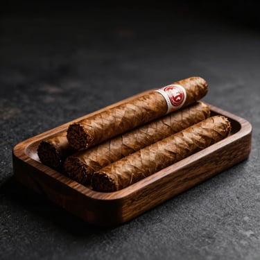 Hand-rolled cigars resting on a dark cedar wood tray, moody directional studio lighting, high contrast