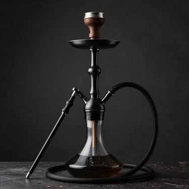 A modern, sleek black hookah pipe with a matte finish on a dark metallic surface, minimal background