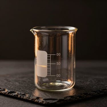 A close-up of a heavy, clean-cut scientific glass beaker pipe on a dark slate surface, warm amber backlighting