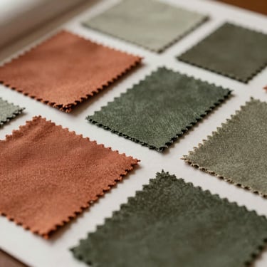 Close-up of a designer mood board with fabric swatches in terracotta and olive green, warm diffused natural light, editorial framing.