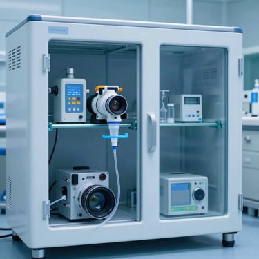 Precision clinical vaporizer and anaesthetic delivery equipment in a sterile operating theatre.