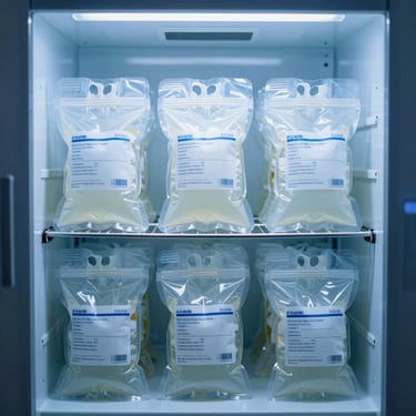 Securely sealed clinical plasma bags stored in a specialized low-temperature laboratory freezer.