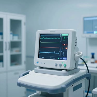 High-tech medical monitor displaying vital signs in a cool clinical setting, soft blue ambient light.