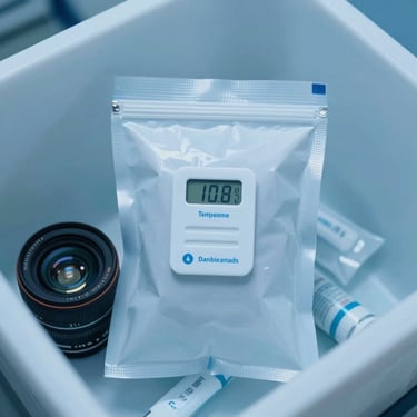 Specialized biological medicine packaging with an active digital temperature logging tag, sterile clinical photography