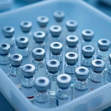 Vials of oncology therapeutics in a sterile clinical tray, cool blue ambient light
