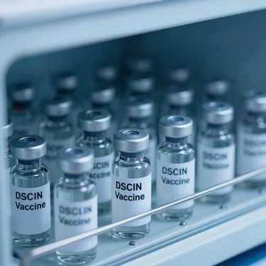 Close-up of biological vaccine vials stored in a digital temperature-monitored cold storage unit.