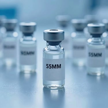 Sterile clinical vial of oncology medication on a cool blue reflective surface, sharp focus.