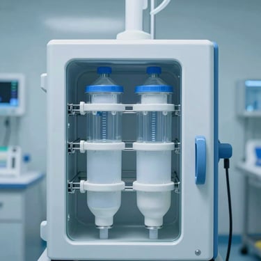 Advanced clinical dialysis filtration system components, sterile medical setting, cool lighting.