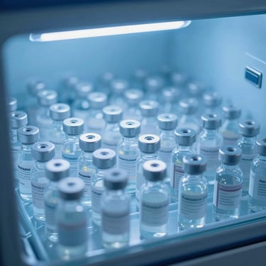 Vials of plasma-derived proteins stored in a state-of-the-art clinical freezer, cool blue ambient light