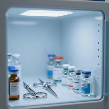 Sterile ophthalmic micro-surgical instruments and specialized eye care medicine vials.