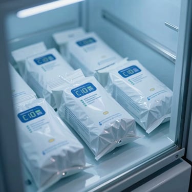 High-value specialty pharmaceutical packaging with digital temperature tracking indicators.