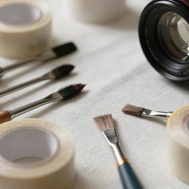 Extreme close-up of neatly organized professional painting tools and rolls of tape on a clean canvas drop cloth under natural light.