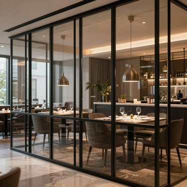 An elegant steel and glass partition wall separating a luxury dining area, minimal black metal frames