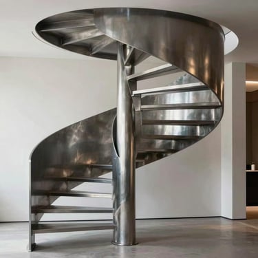 A sculptural steel staircase winding upward in a minimalist luxury home, light reflecting off clean metal joints