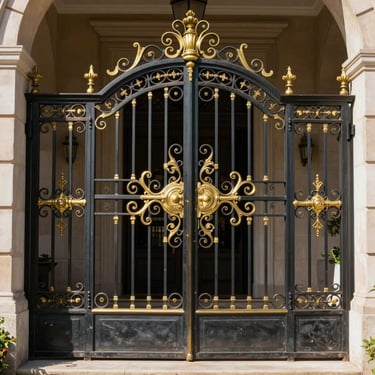 A monumental wrought iron gate with hand-patinated brass accents, framing an elegant villa entrance, high contrast lighting