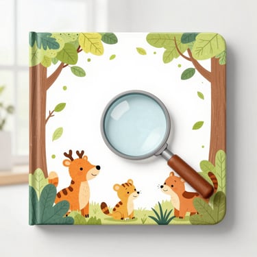 Kids book cover showing forest animals, leaves, and magnifying glass, clean editorial photography, bright pastel tones, square