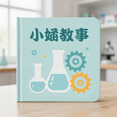 Kids book cover with simple science lab flasks and gears, clean editorial photography, bright pastel tones, square