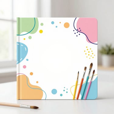 Artistic kids book cover with abstract colorful lines, shapes, and paint brushes, clean editorial photography, bright pastel tones, square