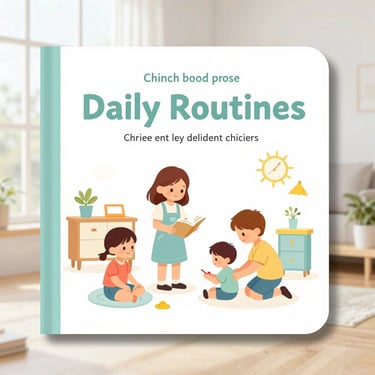 Charming children book cover illustrating daily routines and family scenes, clean editorial photography, bright pastel tones, square