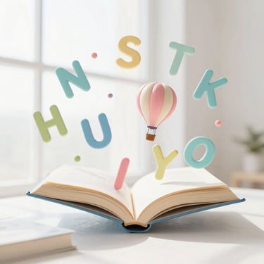 Playful book cover with floating words and a hot air balloon, clean editorial photography, bright pastel tones, square
