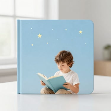 Elegant kids book cover with a child reading under a starry sky, clean editorial photography, bright pastel tones, square
