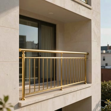Close-up of a high-spec urban apartment balcony, brushed brass railings, clean limestone cladding, indirect morning light.