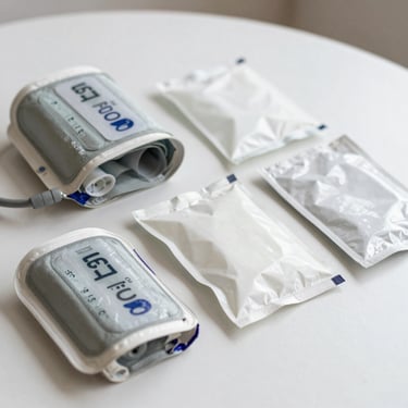 Clean medical packaging for blood pressure and digestive care, organized neatly on a soft white surface